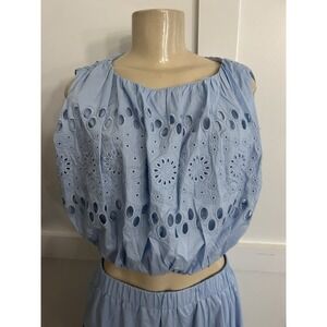 Lalavon Blue Sleeveless Eyelet Bubble Crop Top M Cotton Boho NWT RICHIE HIPPIE